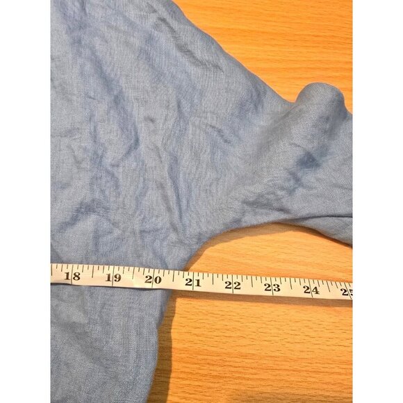 For Cynthia Linen Blouse L Blue Cropped Tie Waste Buttons Ruffles Bell Sleeve - Picture 7 of 12